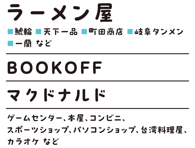 ラーメン屋、BOOKOFF、マクドナルド、ゲームセンター、本屋、コンビニ、スポーツショップ、パソコンショップ、台湾料理屋、カラオケなど