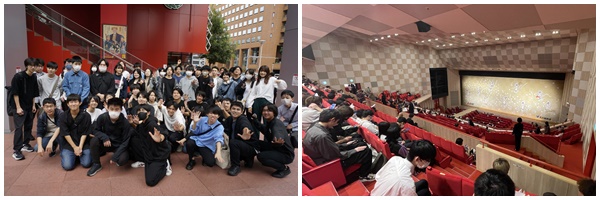 学生たちの集合写真と舞台を待っている様子