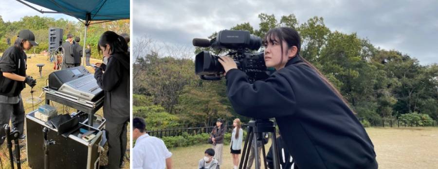 音響準備中の学生(左)　撮影中の学生(右)