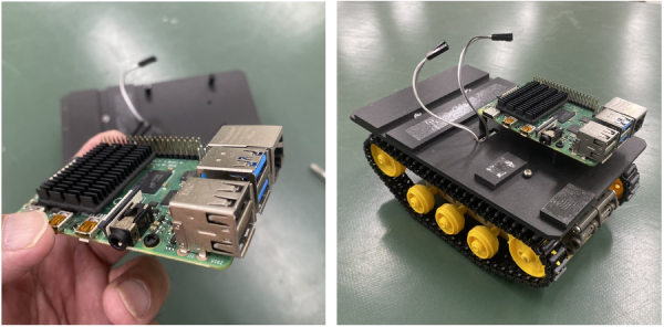 (左)Raspberry Piの写真　(右)Raspberry Piをクローラーに搭載した状態